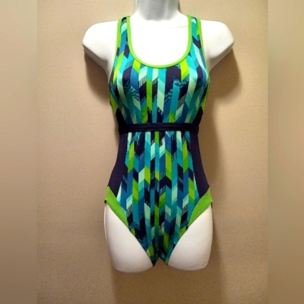 L.L. Bean Green Blue & White UPF 50+ One Piece Swim Suit Size 6R